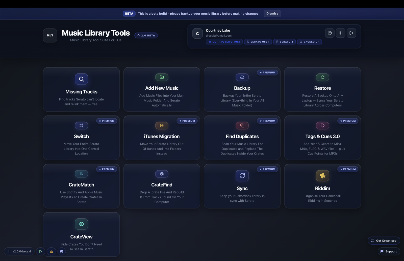 The redesigned MLT 2.0 app — every tool on one dashboard, showing Serato 4 support and Pro status.