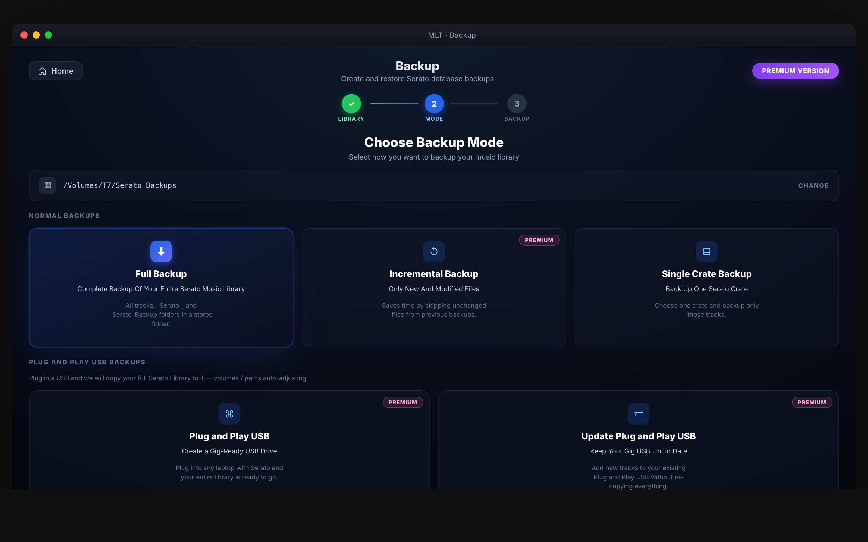 MLT Backup app — backing up a Serato library