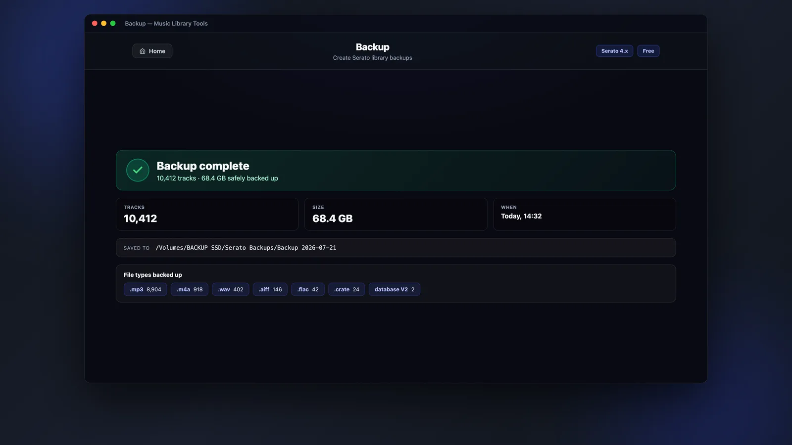 MLT Backup complete, showing tracks, size and file types backed up