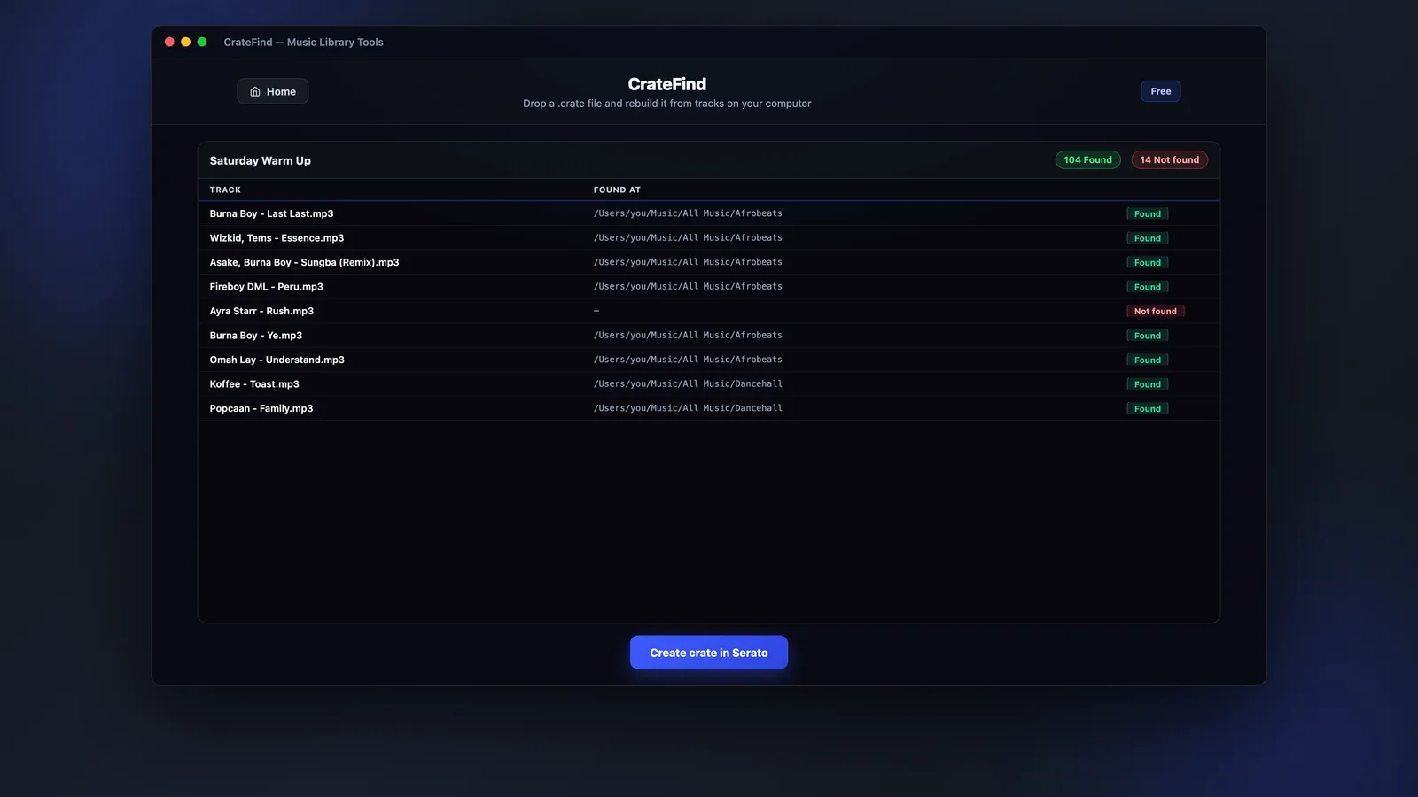 MLT CrateFind showing tracks found and not found from a .crate file