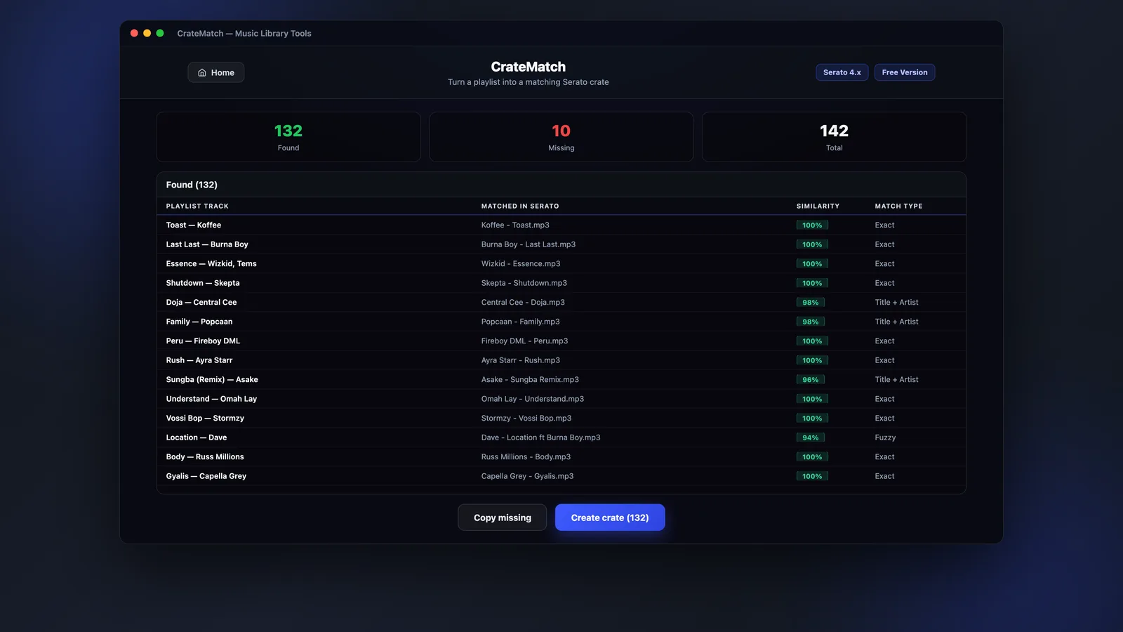 MLT CrateMatch showing 132 found and 10 missing from a playlist