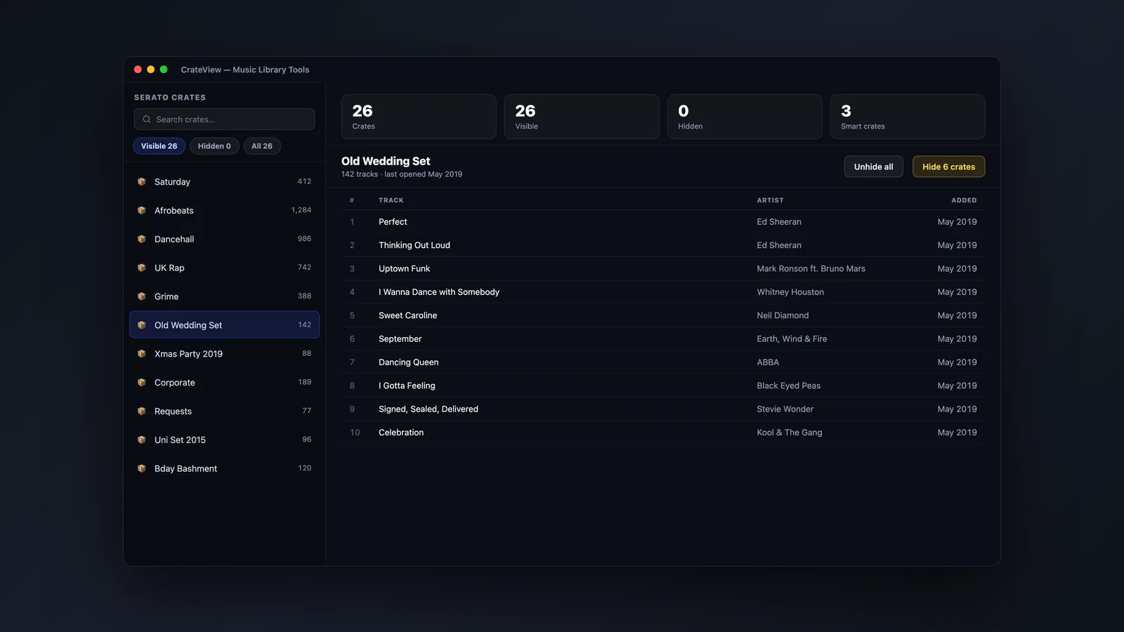 MLT CrateView with crates hidden from the Serato crate list