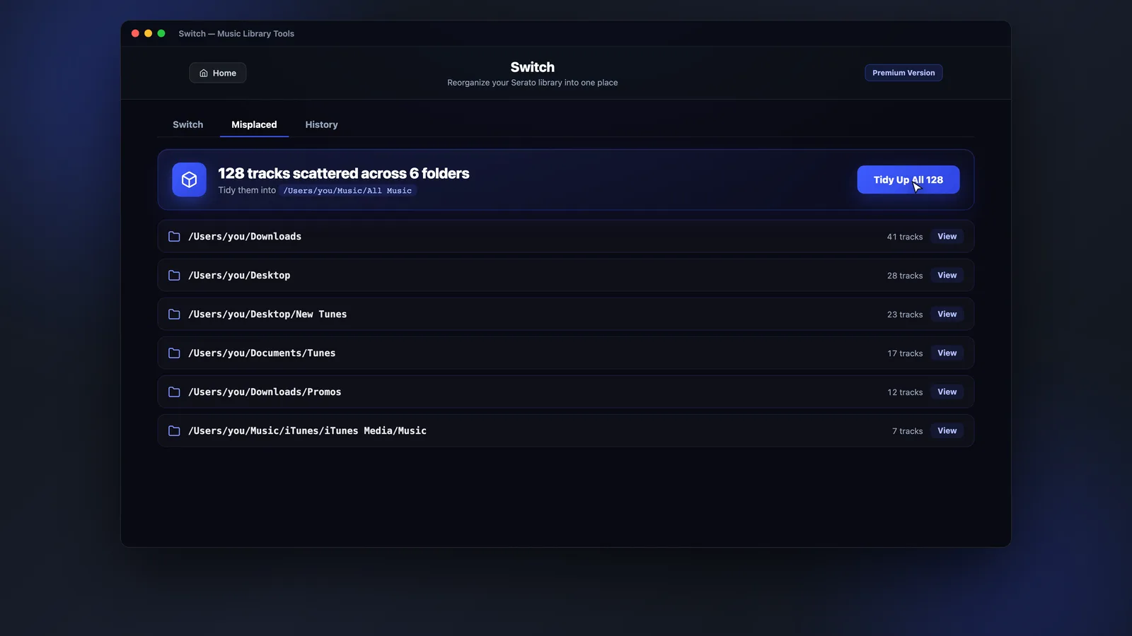 MLT Misplaced Tracks showing 128 tracks scattered across 6 folders
