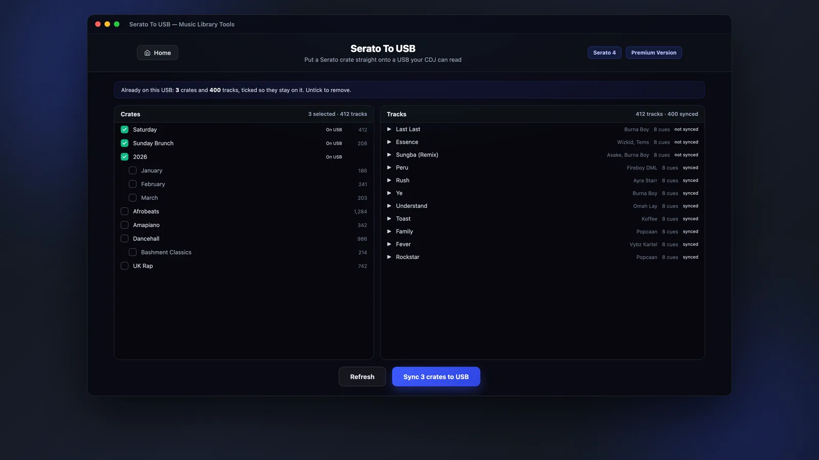 MLT Serato To USB showing crates and tracks with synced status