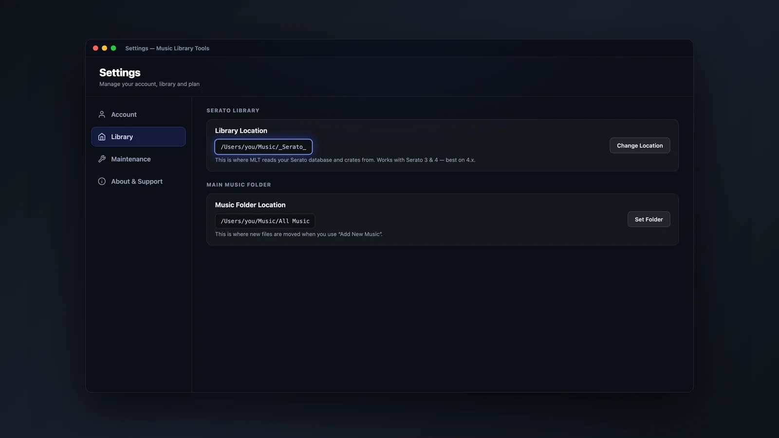 MLT Settings showing the Serato library location and main music folder