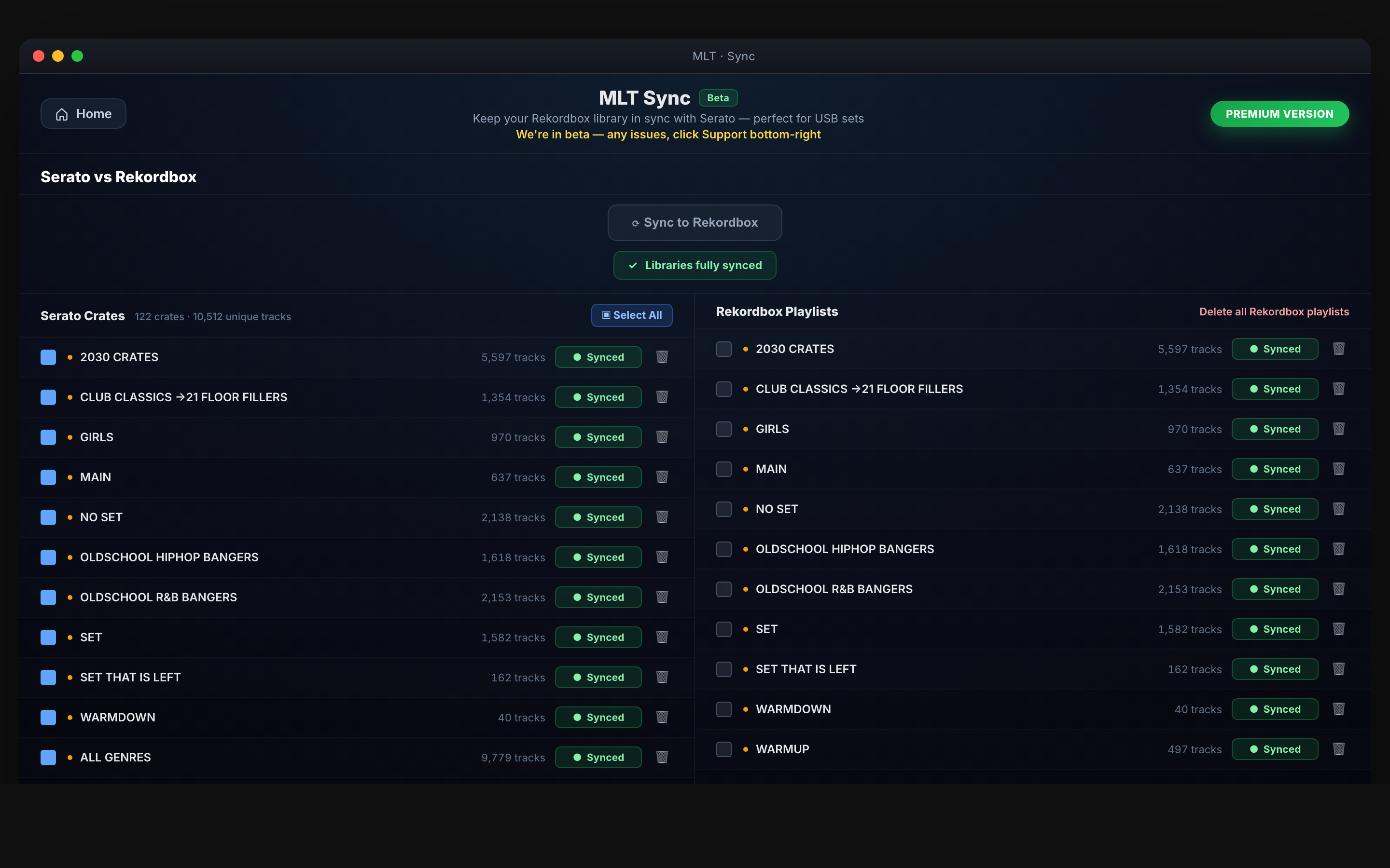 MLT Sync app — transferring Serato crates