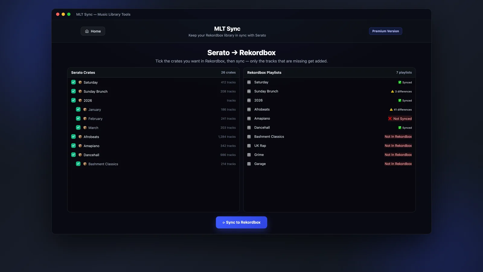 MLT Sync comparing Serato crates against Rekordbox playlists