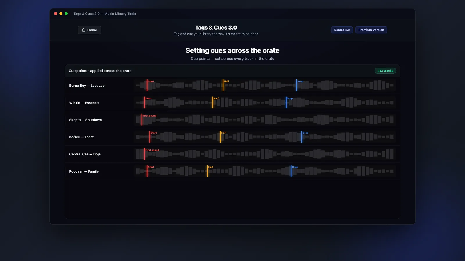 MLT Tags and Cues setting cue points across a crate