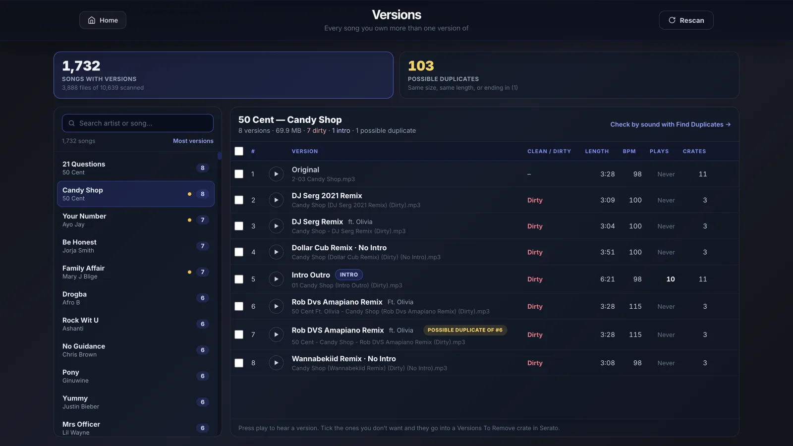 MLT Versions showing every version of a song in a Serato library, with Clean and Dirty tags, play counts and crates